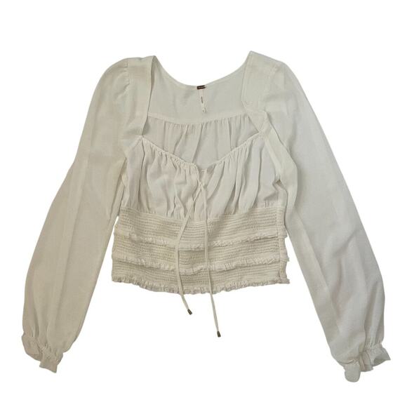Free People Solid Lolita Blouse - White - Boho - Retro - Semi-Sheer - Size L - Picture 3 of 7